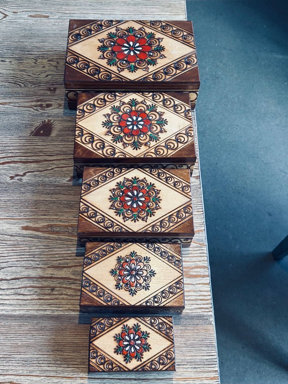 Artist Hand-Painted Nested Wood Stackable  Boxes - Floral Motif in Brown & Red